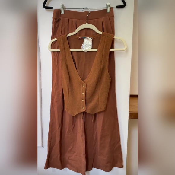 NWT Free People Roxanne Set Matching Crop Vest Top Wide Leg Pants Brown - Picture 3 of 8